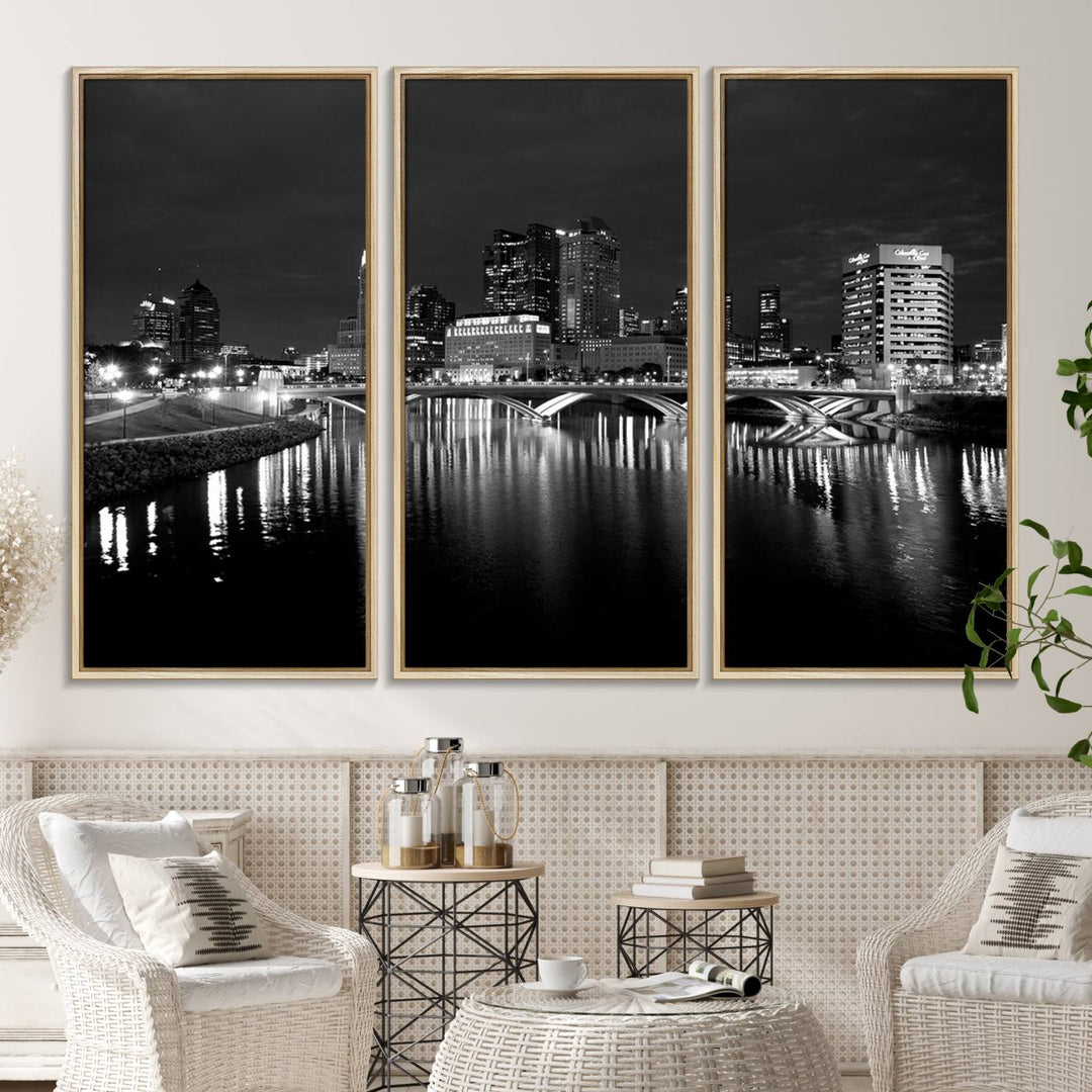 Columbus City Lights Skyline canvas print in black and white, featuring museum-quality craftsmanship and free shipping.