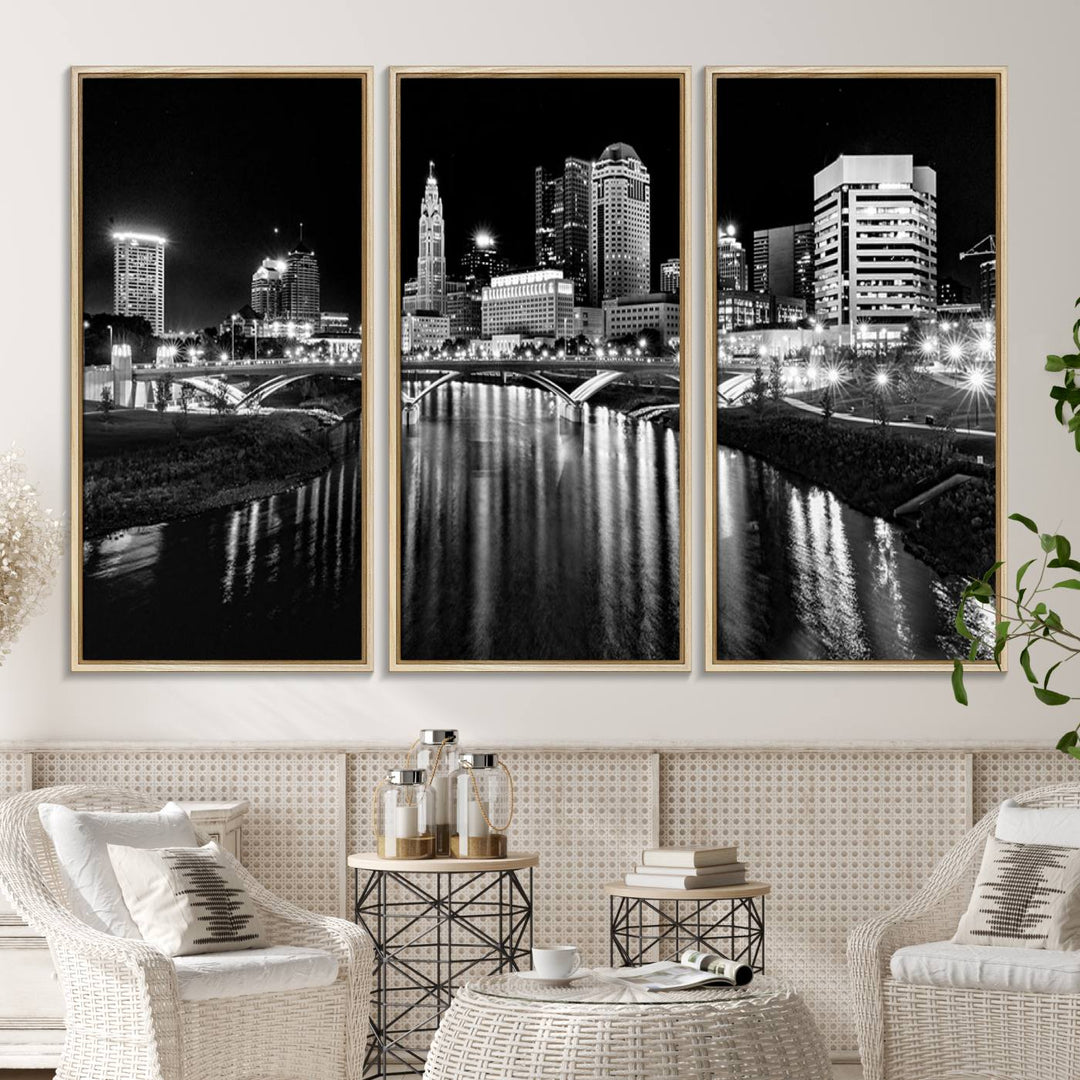 Columbus City Lights Skyline Black and White Canvas with UV coating.