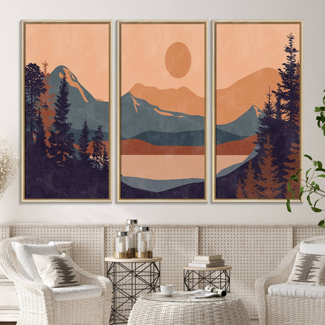 The Modern Boho Sunset Triptych displays a mountain sunset.