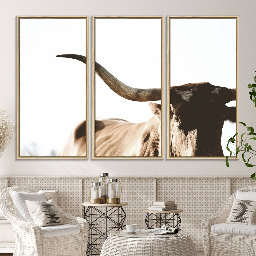 A 3-panel Texas Longhorn canvas adds a touch of rustic Western decor.