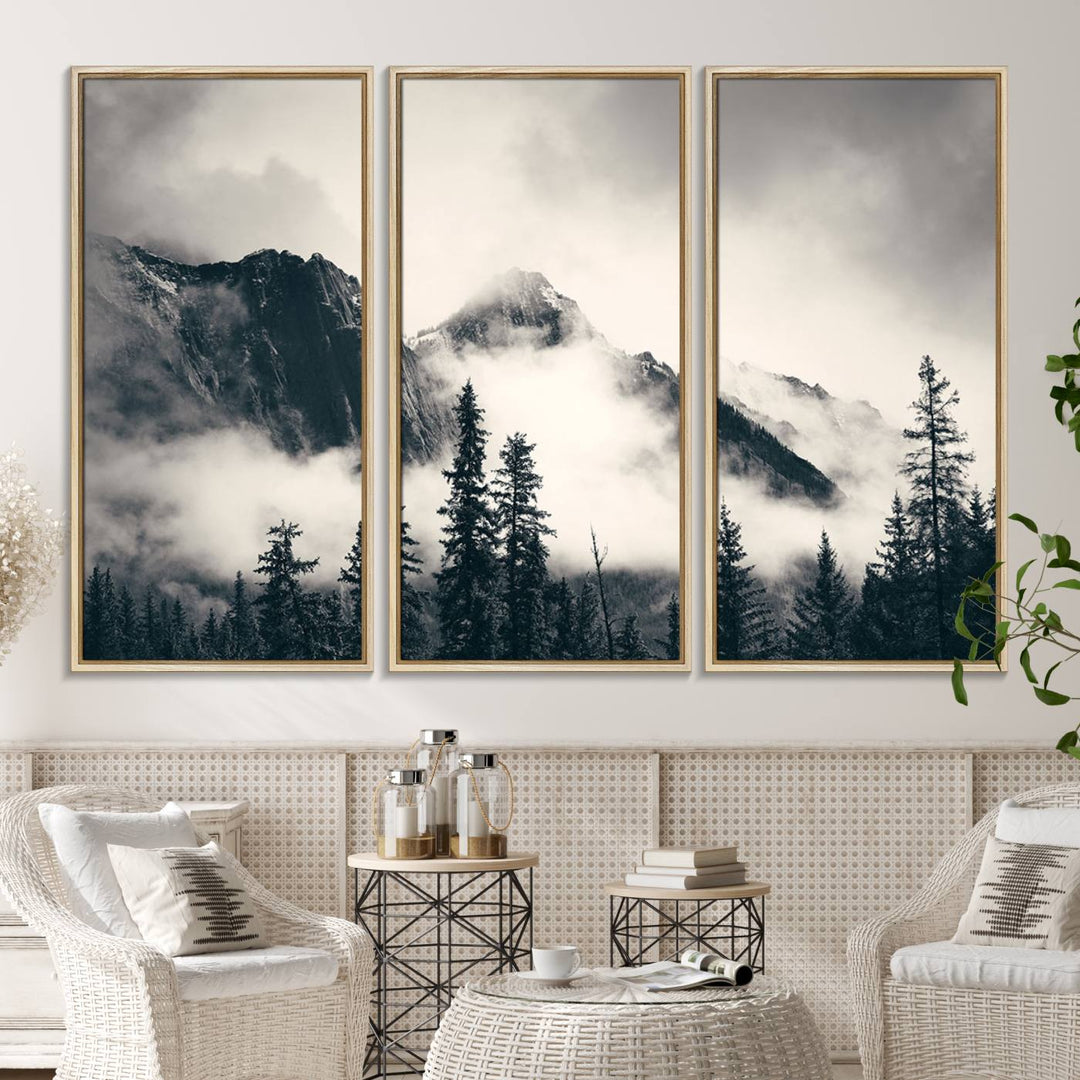 A large foggy mountain forest canvas print hangs prominently in the room.