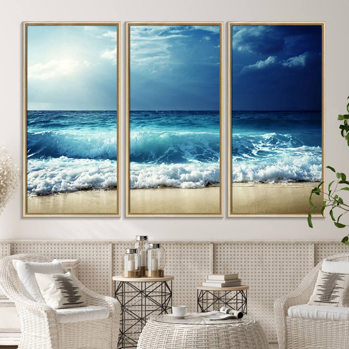 The Majestic Ocean Wave Wall Art Canvas, a 3-panel seascape print, is featured prominently.