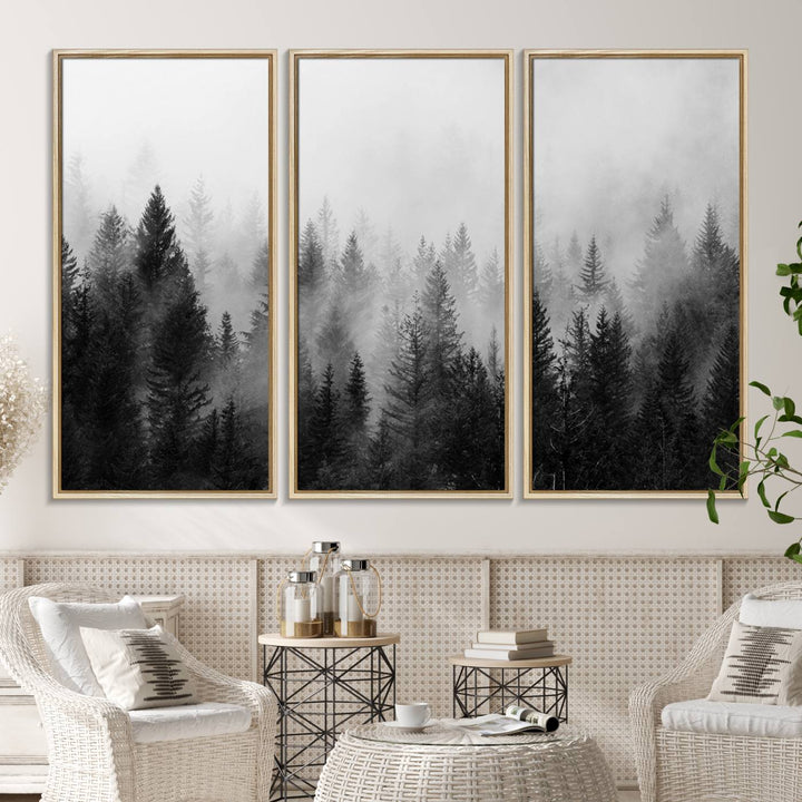 The Foggy B&W Forest Wall Art, featuring pine trees, enhances the minimalist kitchen ambiance.