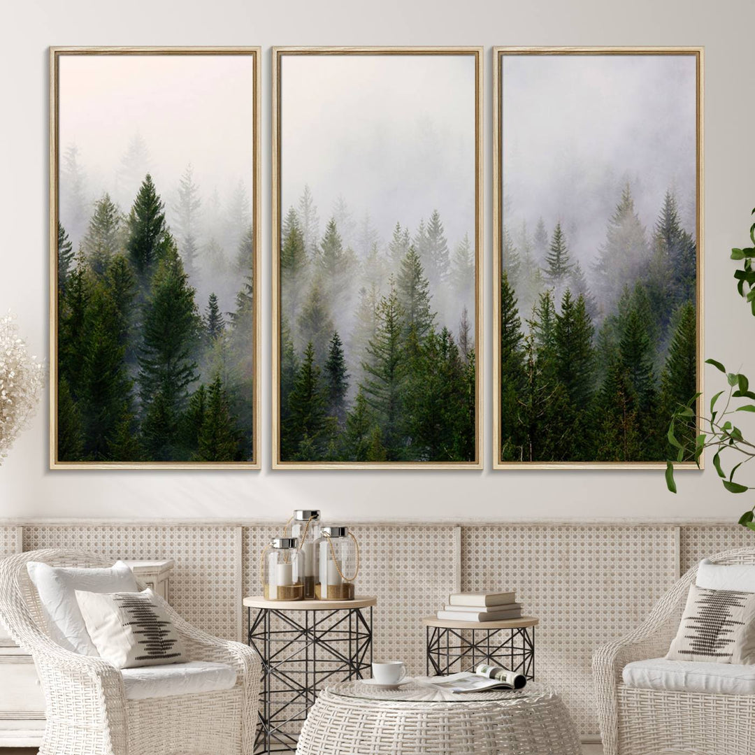 Misty Pine Forest Canvas Print serves as a foggy forest decor piece in the kitchen.