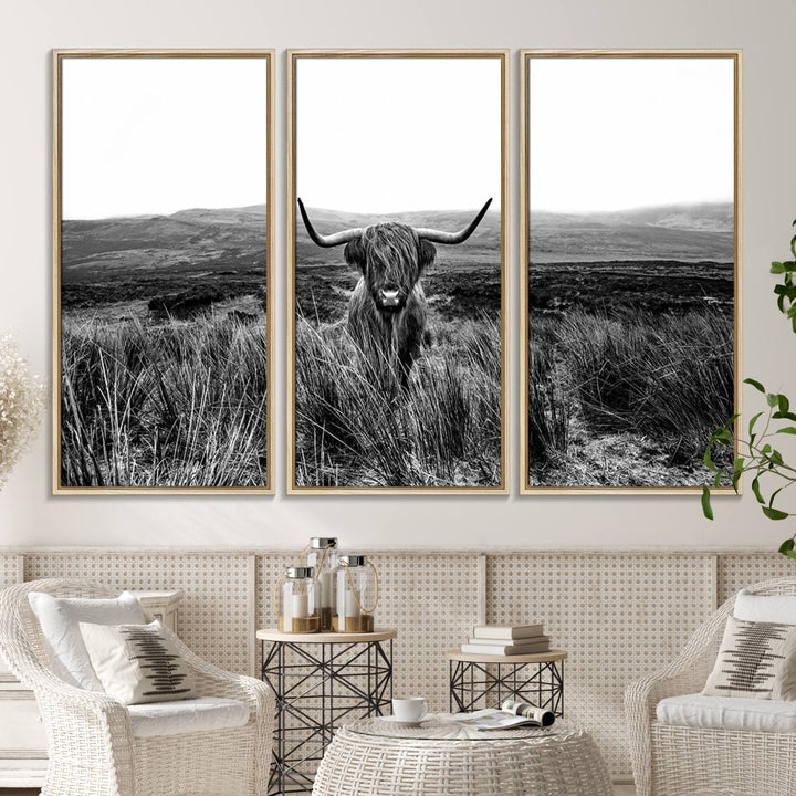 Dining room featuring a Black and White Highland Cow Canvas for a Western-themed decor.