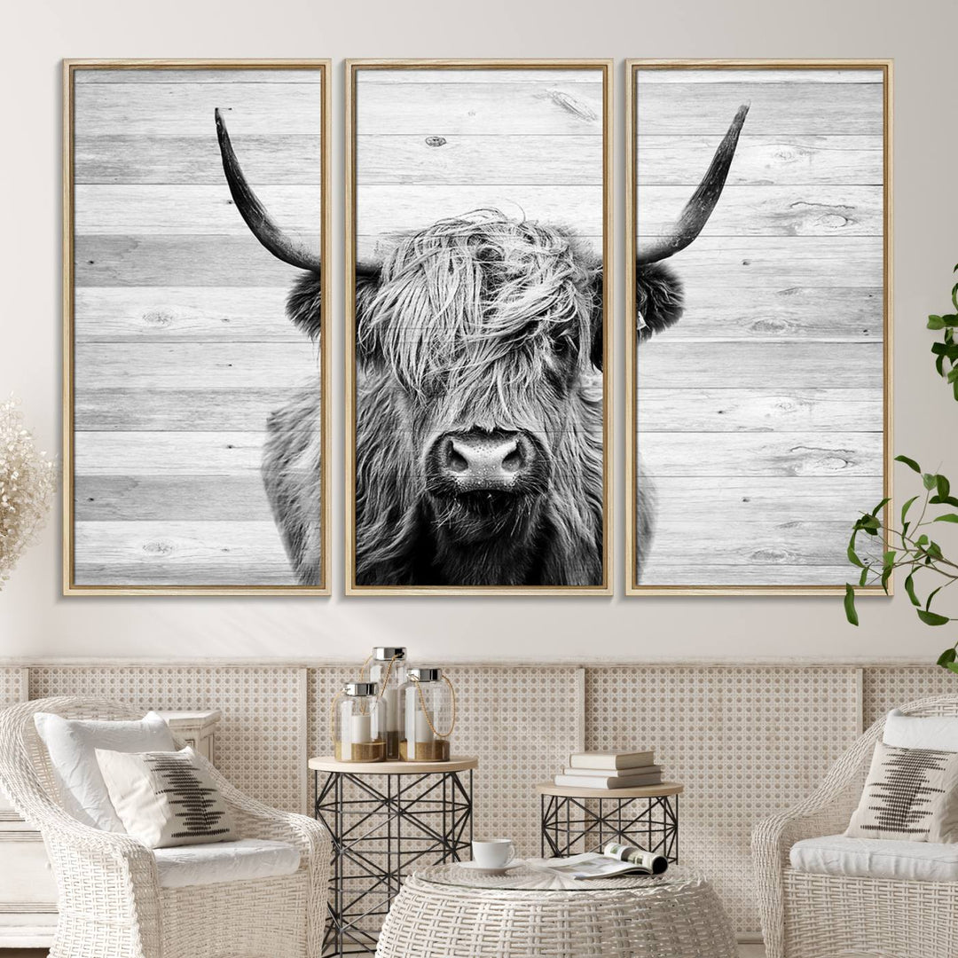 Scottish Highland Cow Cattle Art adds rustic farmhouse charm to the space.