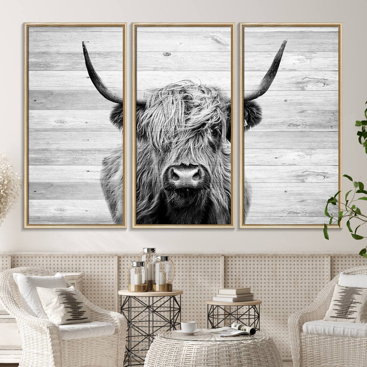 Scottish Highland Cow Cattle Art adds rustic farmhouse charm to the space.