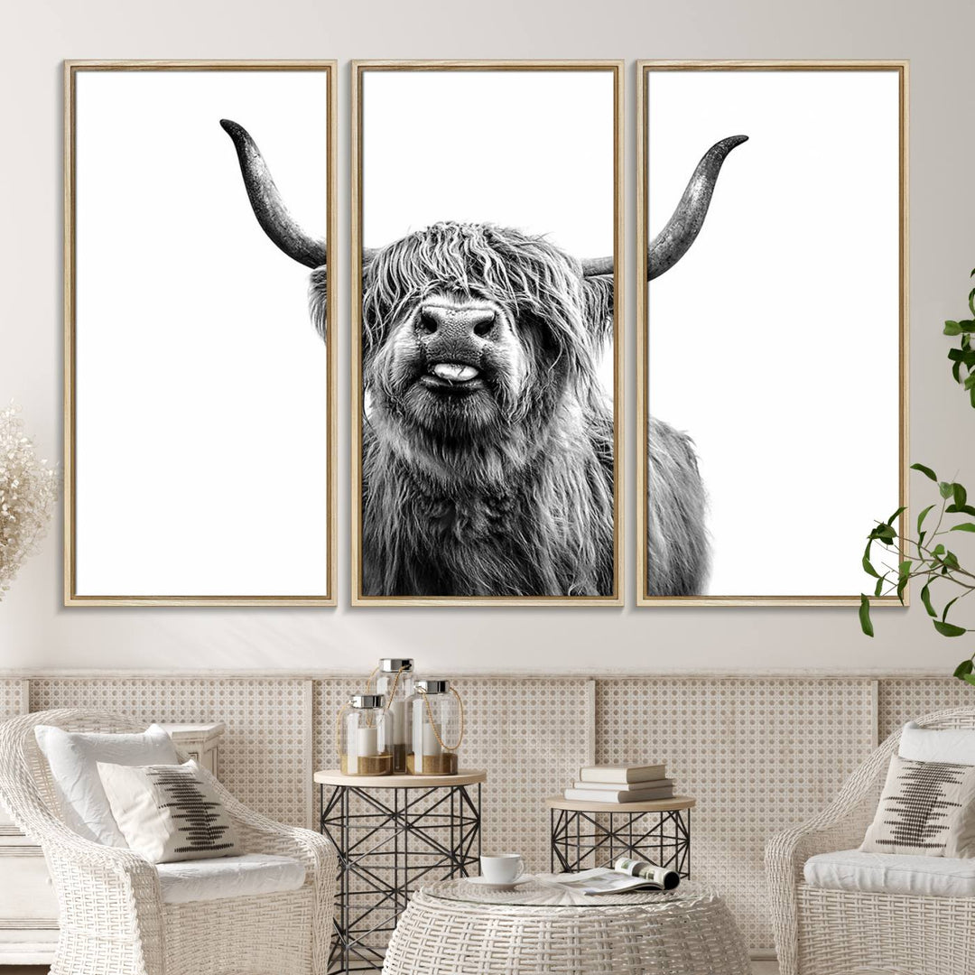 The Fanny Highland Cow art print decorates the modern kitchen, featured in black and white.