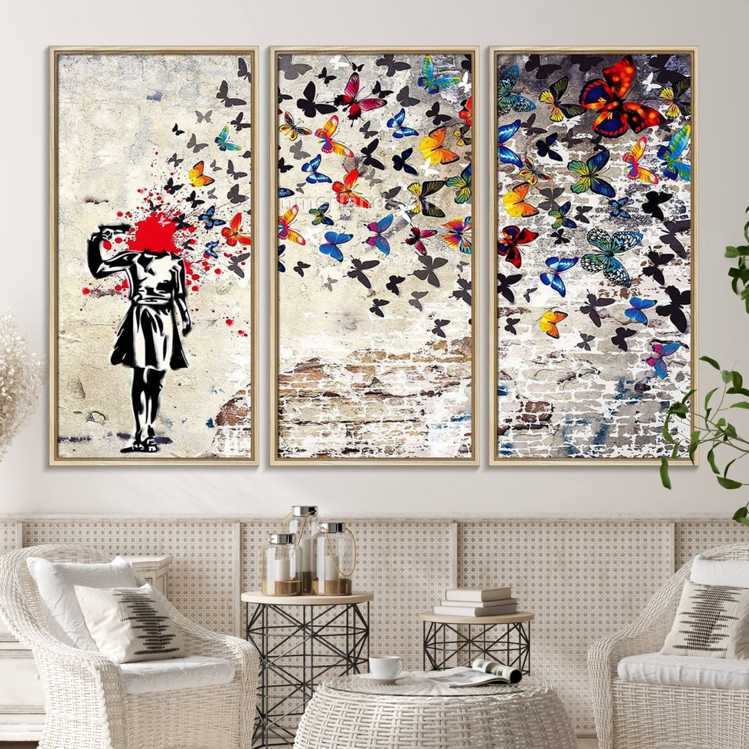 Banksy Art Butterfly Girl Explosion: Vibrant urban graffiti canvas for modern interiors, ready to hang.