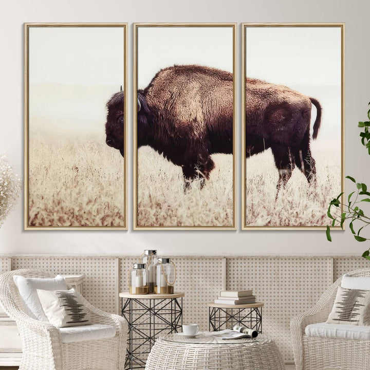 The dining room showcases the Bison in Field canvas print.