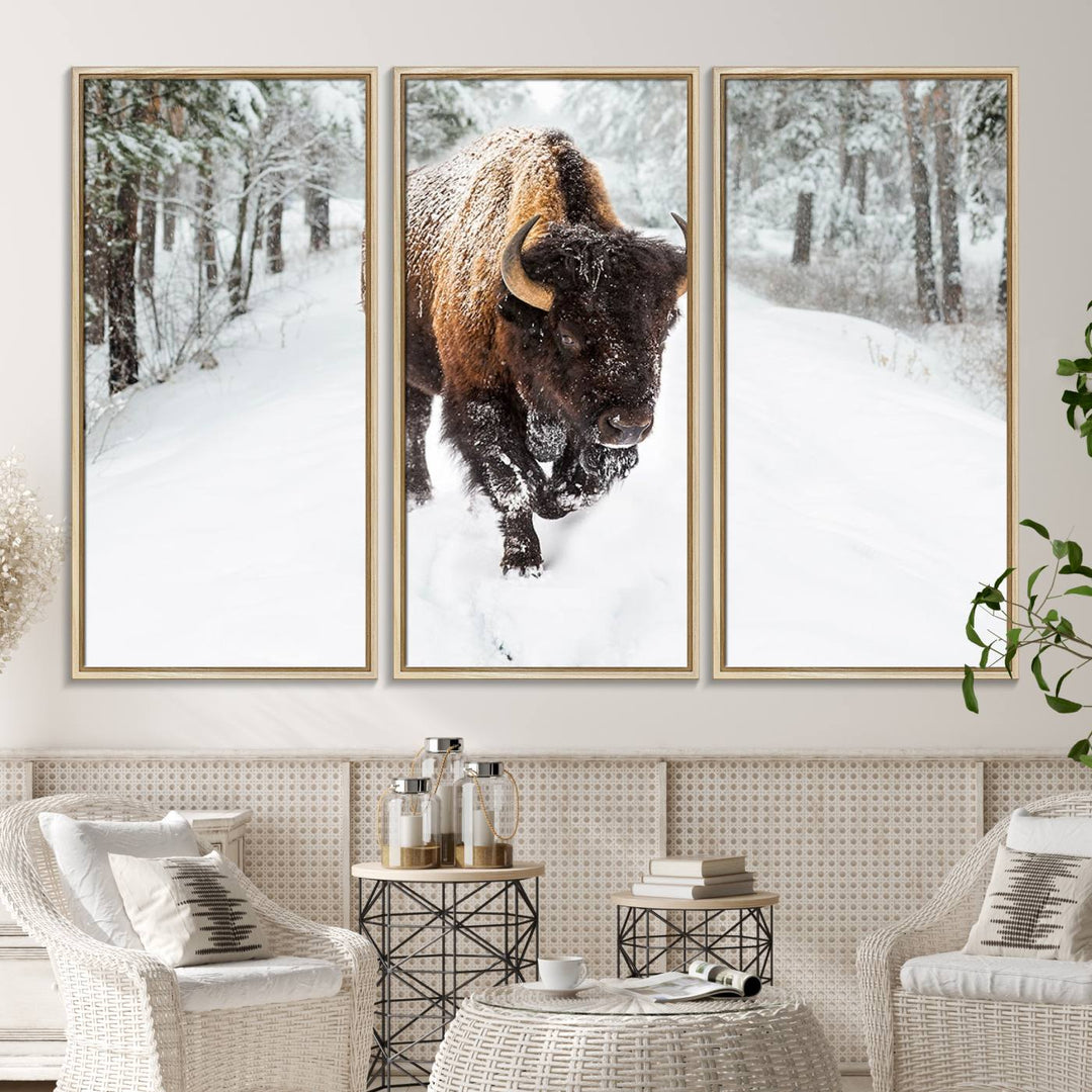 The dining area showcases the Bison Wall Art Canvas Print for Farmhouse.