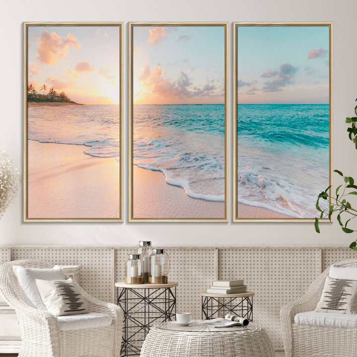 The kitchen features the Beach Sunrise Wall Art, Coastal Sunset Beach Scene.