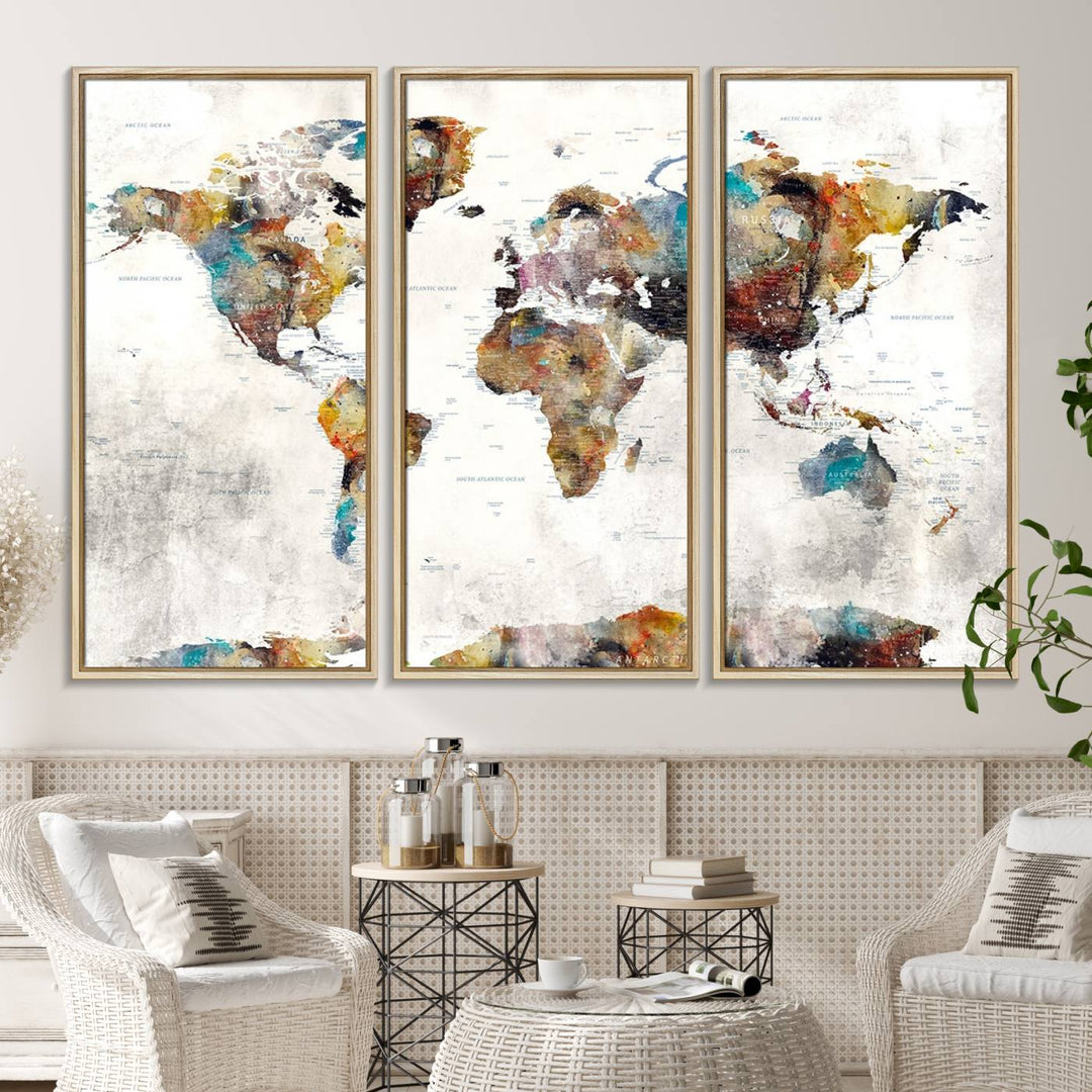 The Colorful World Map Wall Art Canvas Print adds vibrance to the space, ideal for geography lovers.