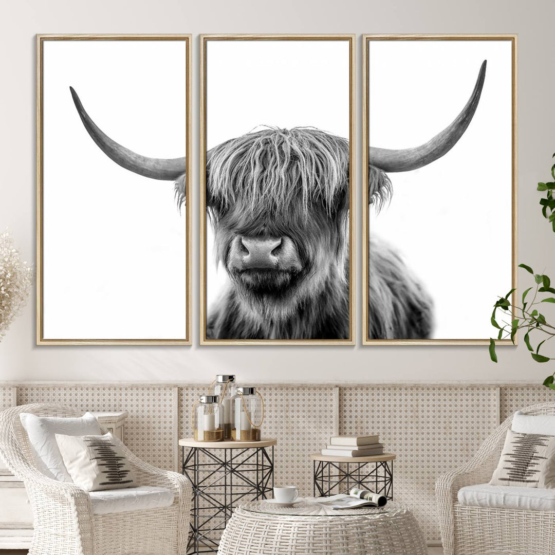 The Grayscale Scottish Highland Cow canvas is a museum-quality piece perfect for your dining room. Enjoy free shipping on this stunning artwork!.