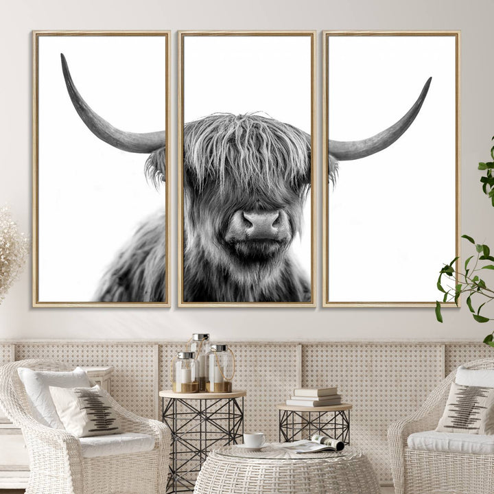 A Scottish Highland Cow Art Canvas adds charm to the farmhouse decor.