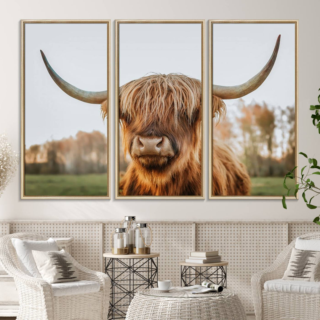 A dining room featuring a Highland Cow Animal Scottish Cattle canvas.