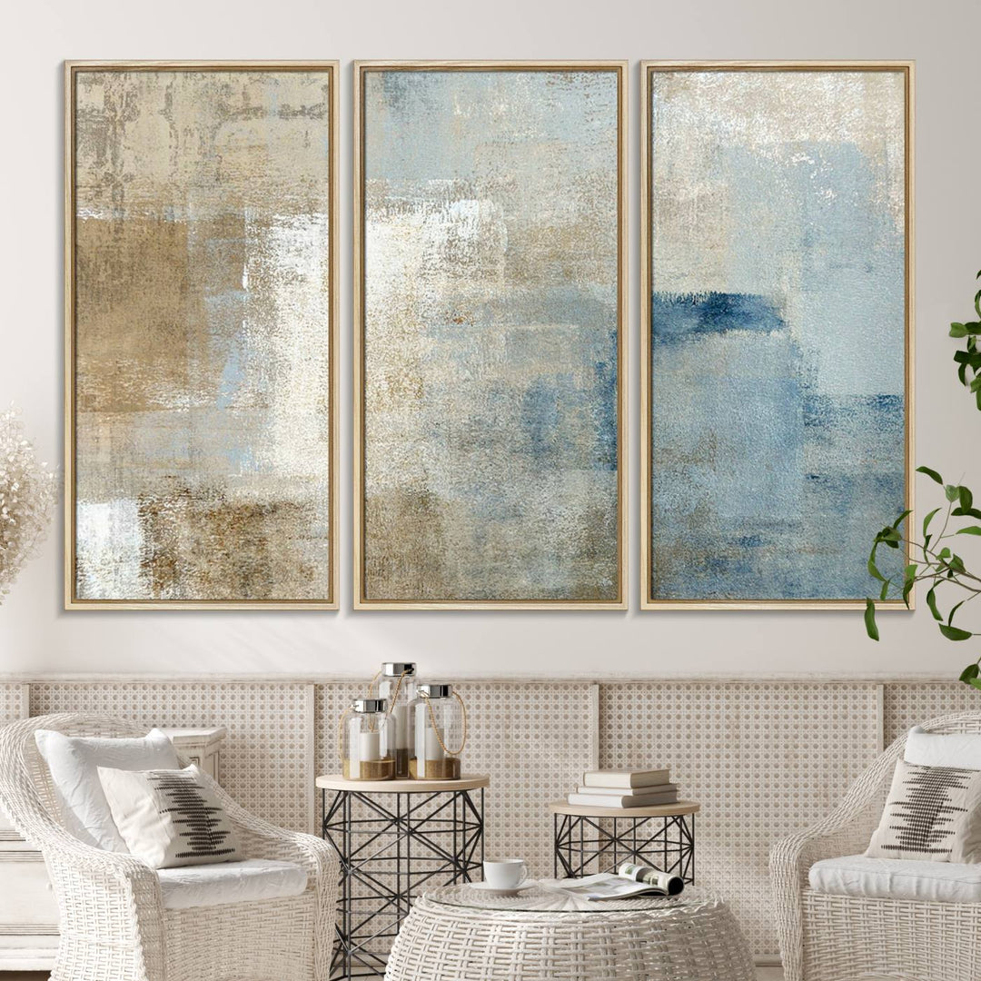 Abstract Blue and Beige Wall Art canvas print set with a modern minimalist aesthetic.