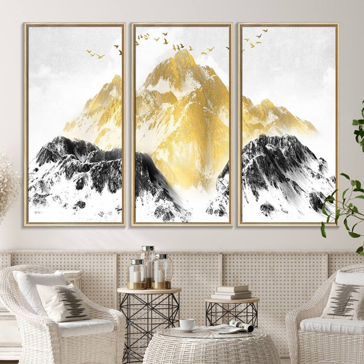 Golden Mountain Triptych Wall Art features gold-tinted mountains and birds.