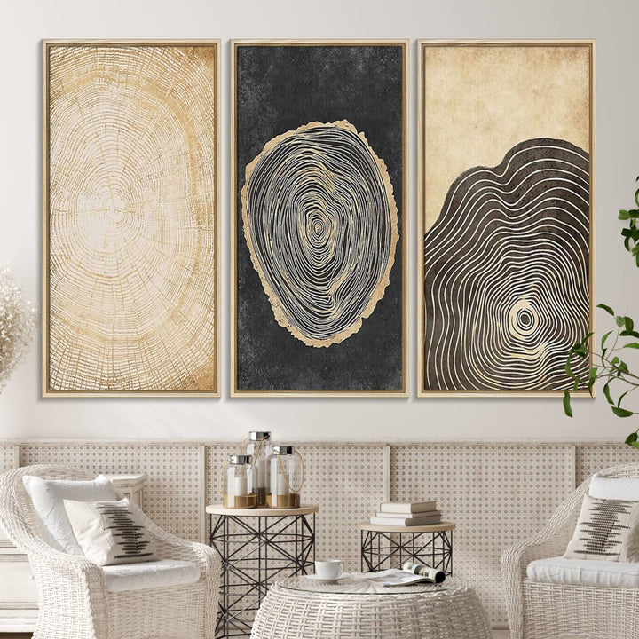 Tree Rings Canvas Wall Art Print hangs prominently in a modern kitchen.