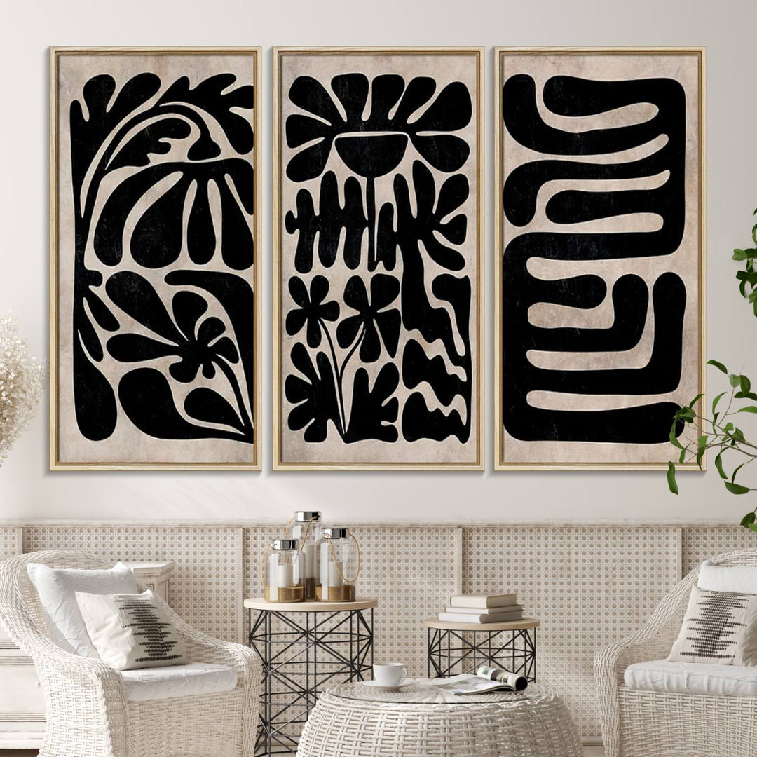 Canvas Print Wall Art Abstract Illustrs Art Boho features bold black patterns on a light background.