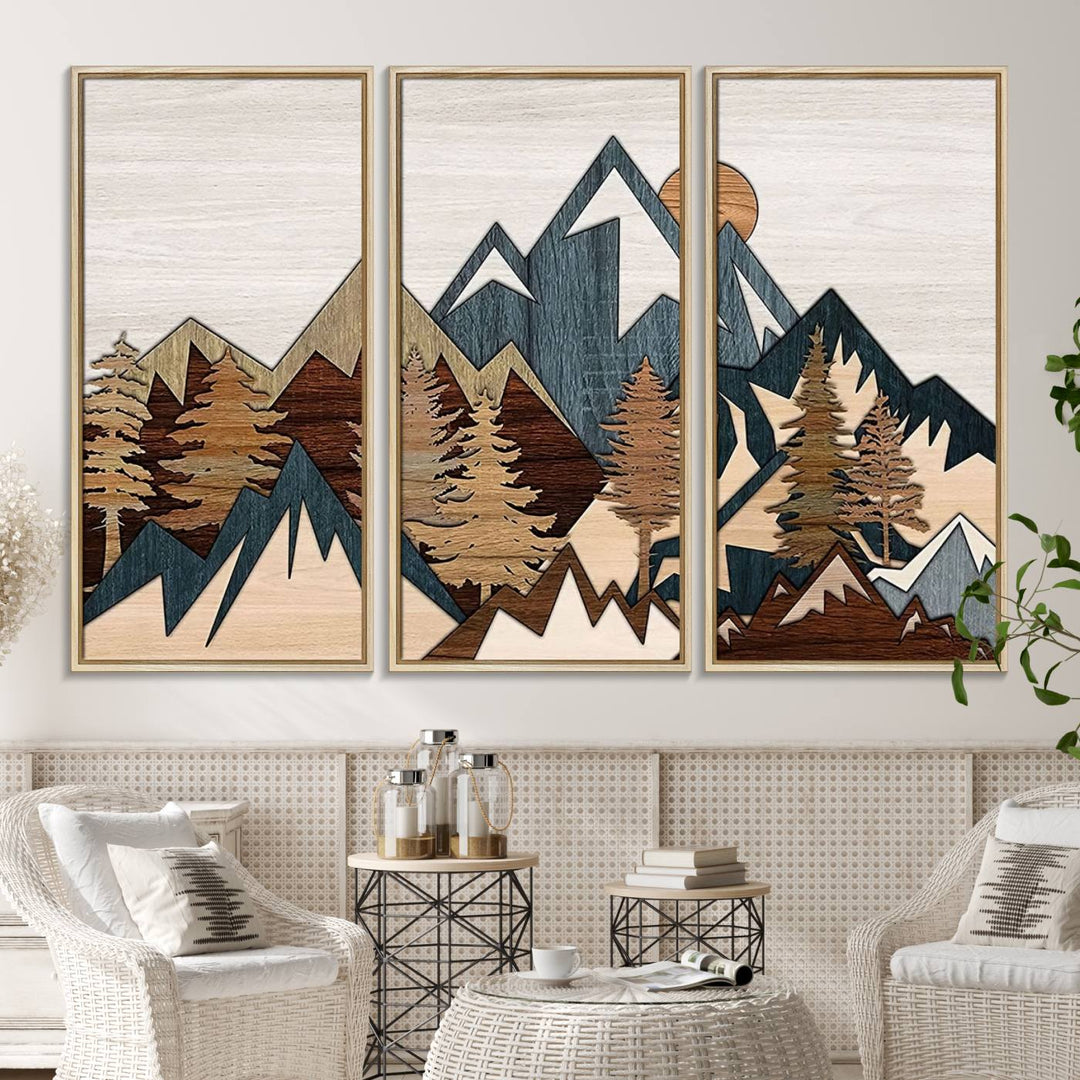 A Woodland Mountain Landscape Triptych serves as the centerpiece of the rustic decor.