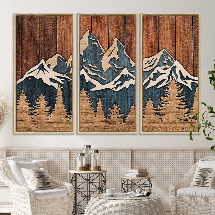 Rustic Wood Style Mountain Wall Art hangs on the wall.