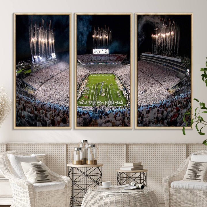 The perfect Penn State Football canvas wall art features a depiction of Beaver Stadium filled with fans in white, with fireworks exploding above.