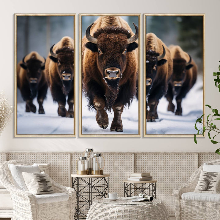 The dining room features an American Bison Herd Canvas Print against the snow.