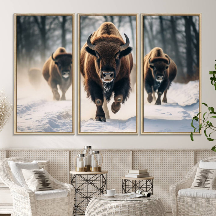 Wall art titled Cow Bighorn shows three bison running through snow in a forest.