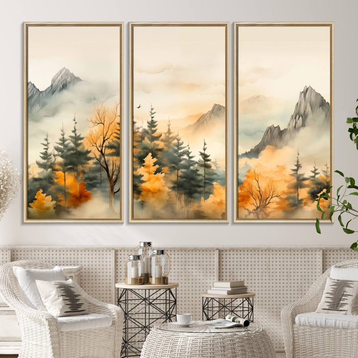 A wall art of Abstract Watercolor Mountains and Trees Autumn on museum-quality canvas.