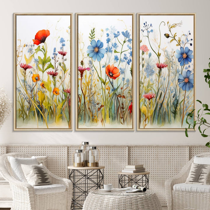 The vibrant Colorful Wildflower Canvas Wall Art adorns the wall.