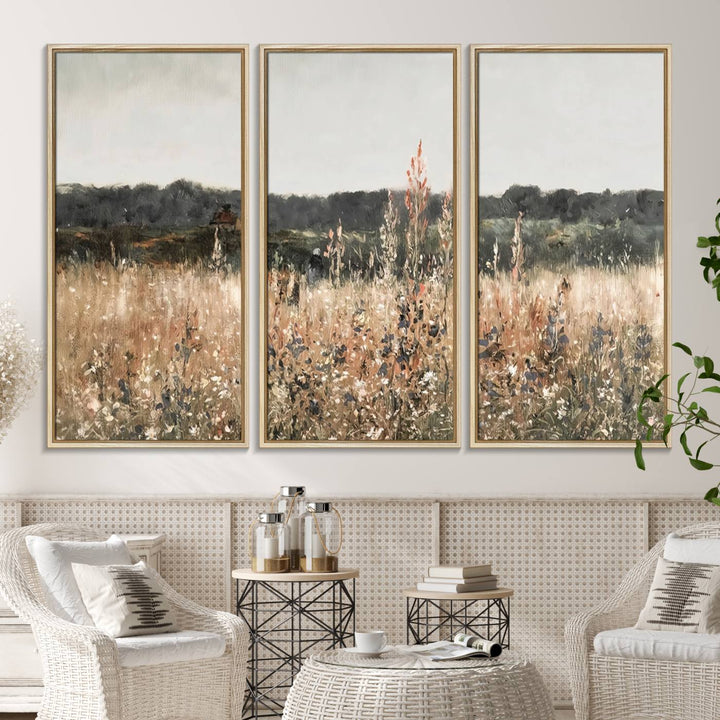 A dining room featuring the Abstract Wildflower Art Field Landscape Oil Painting Print.