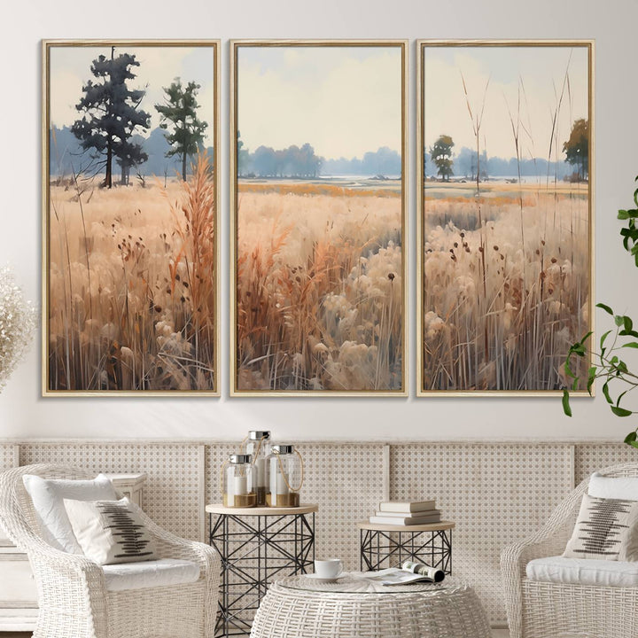 The Golden Fields Canvas Art Print, depicting a serene landscape, adds tranquility with its presence.