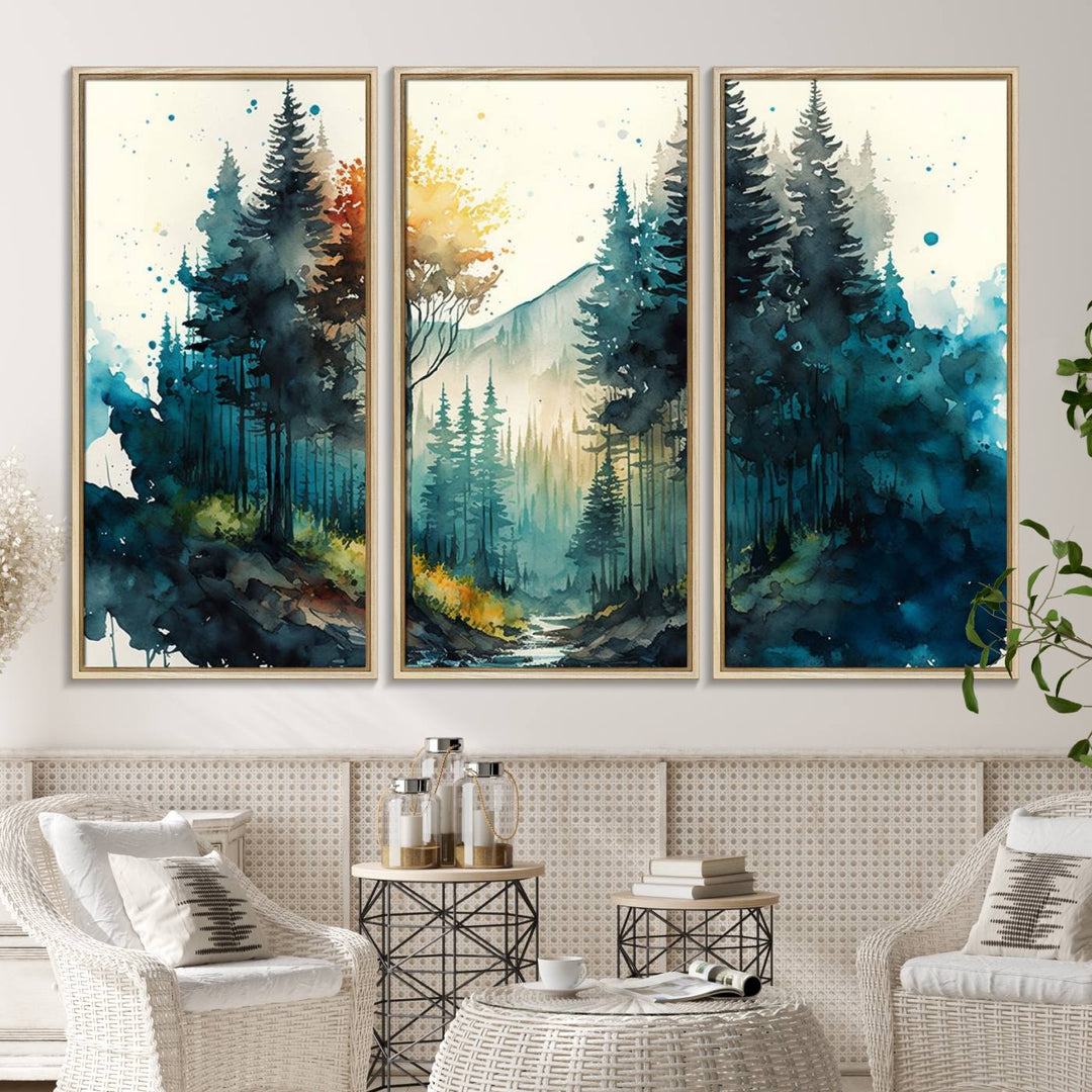 The Watercolor Trees Forest Abstract canvas print is displayed prominently.