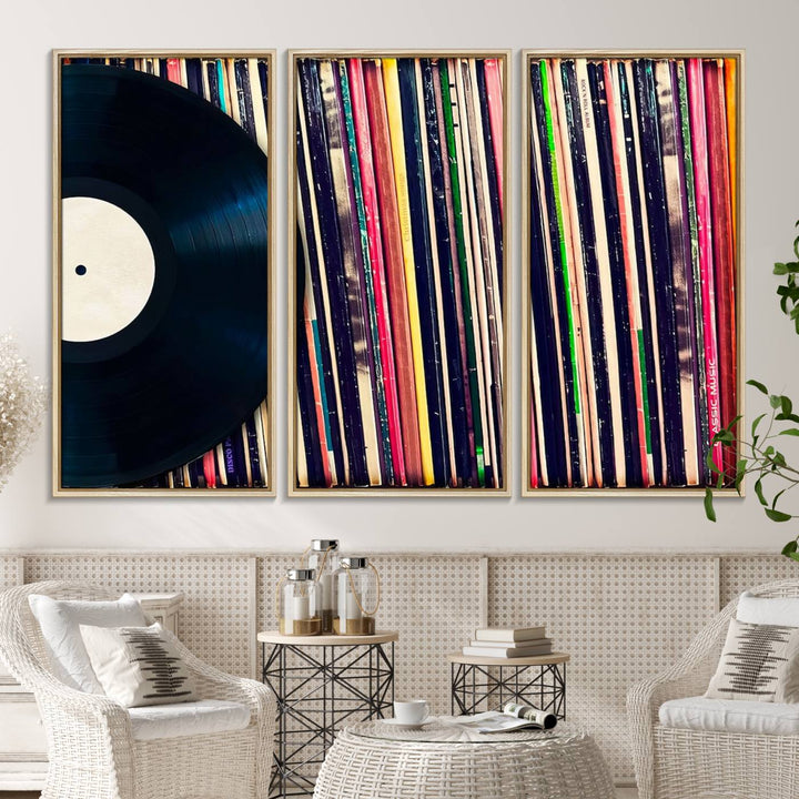 The Vinyl Record and Album Collection Canvas above the dining table enhances the modern kitchen, creating a perfect aesthetic for vintage vinyl lovers.