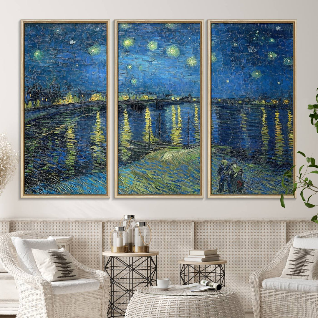 A Vincent van Gogh Starry Night over the Rhone canvas print is displayed on a porch.