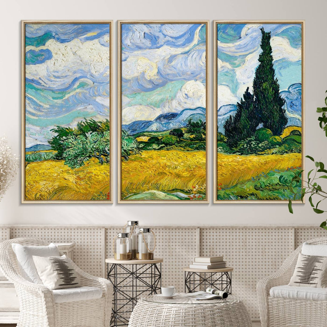 A kitchen featuring Wheatfield With Cypresses Van Gogh canvas wall art.