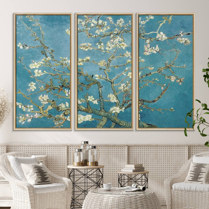 The wall art, Vincent Van Goghs Almond Blossom, stands out with its vibrant depiction against a serene blue background.