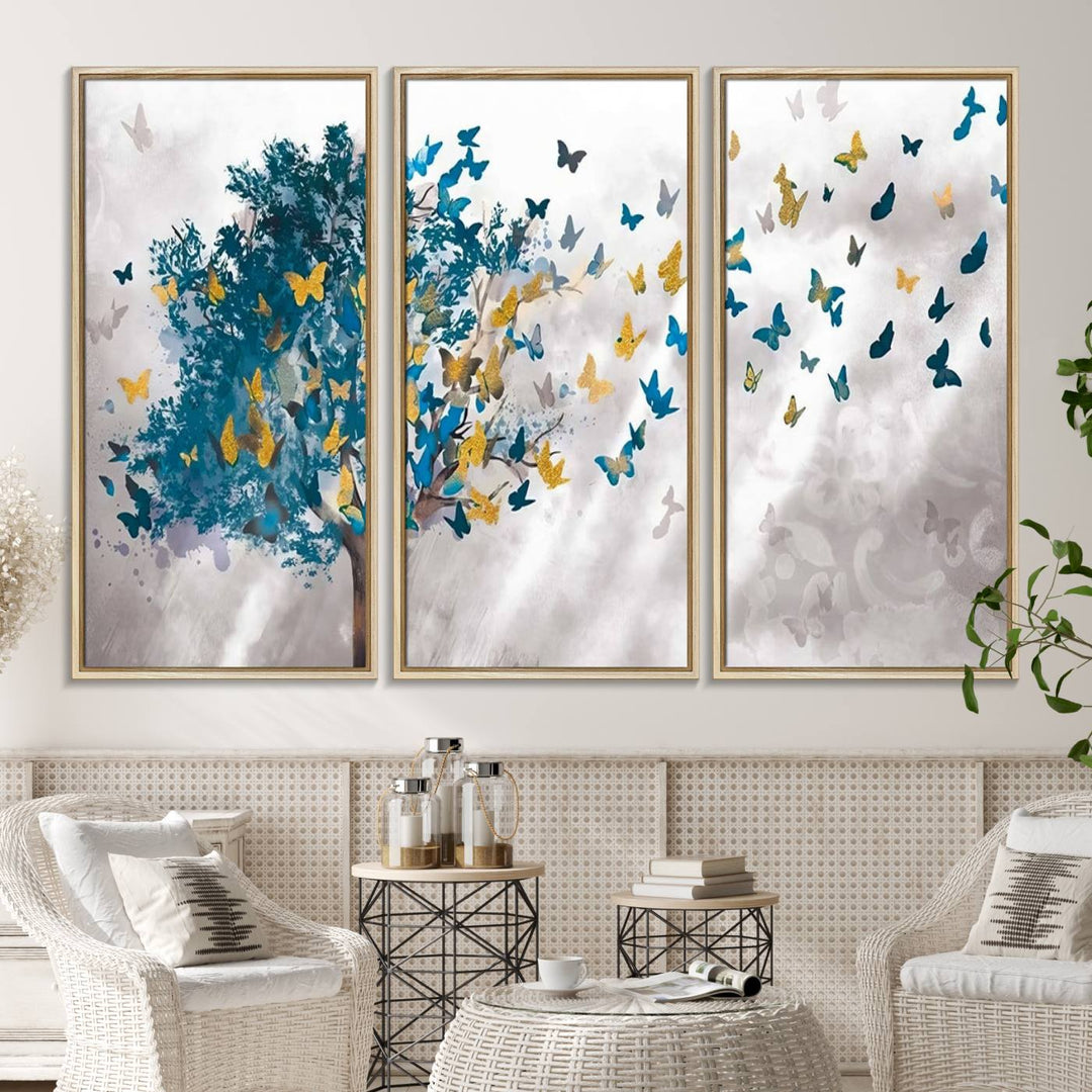 The modern dining room features Tree Butterfly Abstract Wall Art, adding a touch of nature-inspired decor.