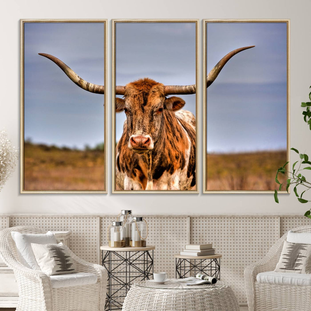 The Texas Longhorn Wall Art Print is displayed in a stylish living room.