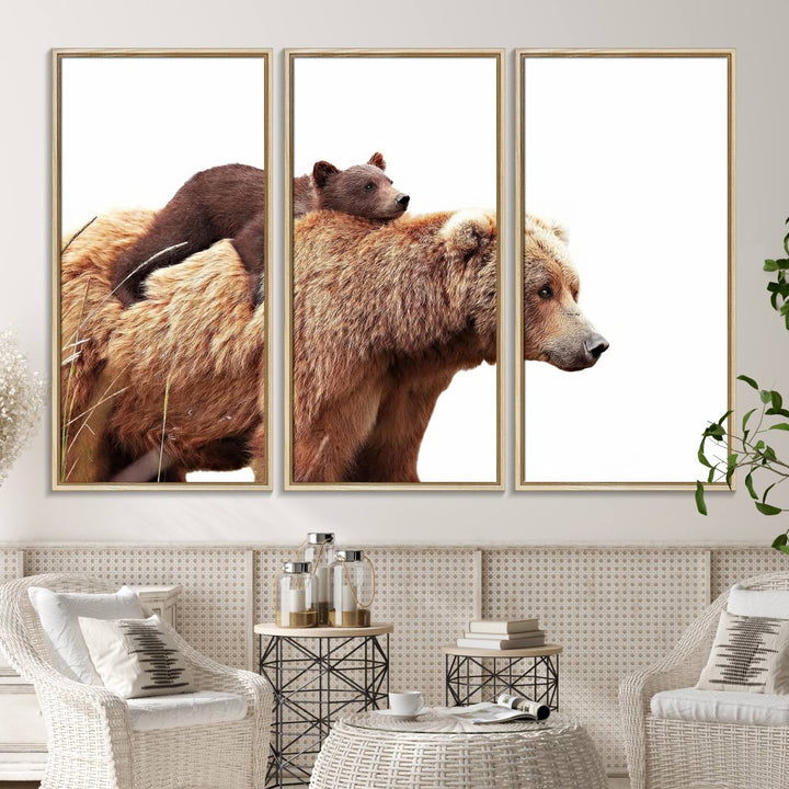 Mother and Baby Bear canvas: an adorable wildlife print displayed on a dark green wall.