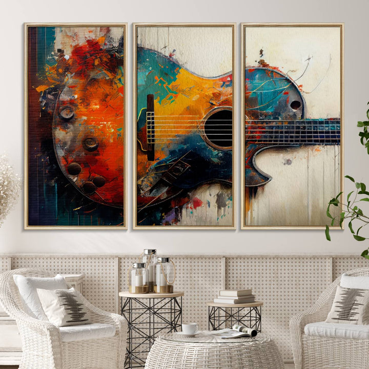 A vibrant guitar wall art canvas is mounted on the wall.