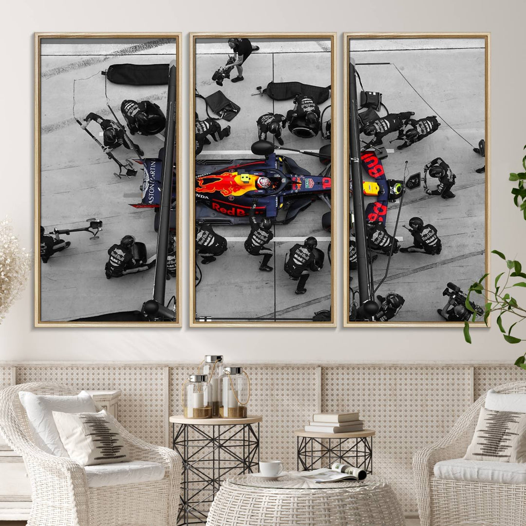 Red Bull Formula 1 Canvas Wall Art Print: An aerial view of a Formula 1 pit stop featuring a Red Bull car on premium canvas.