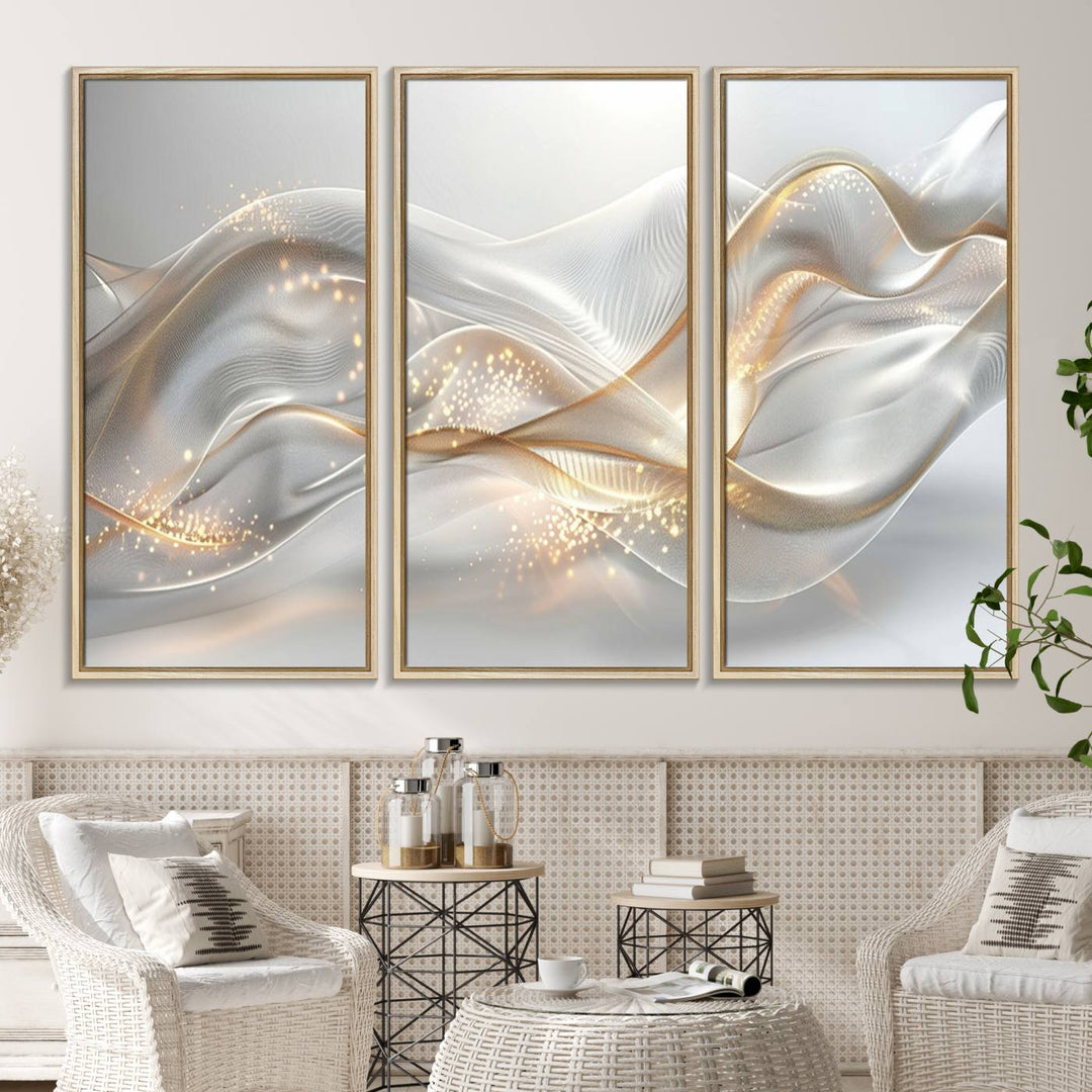 A modern living room is enhanced by the Abstract Art Grey and Gold Lines Wall Art, its elegant lines shimmering against a dark wall.