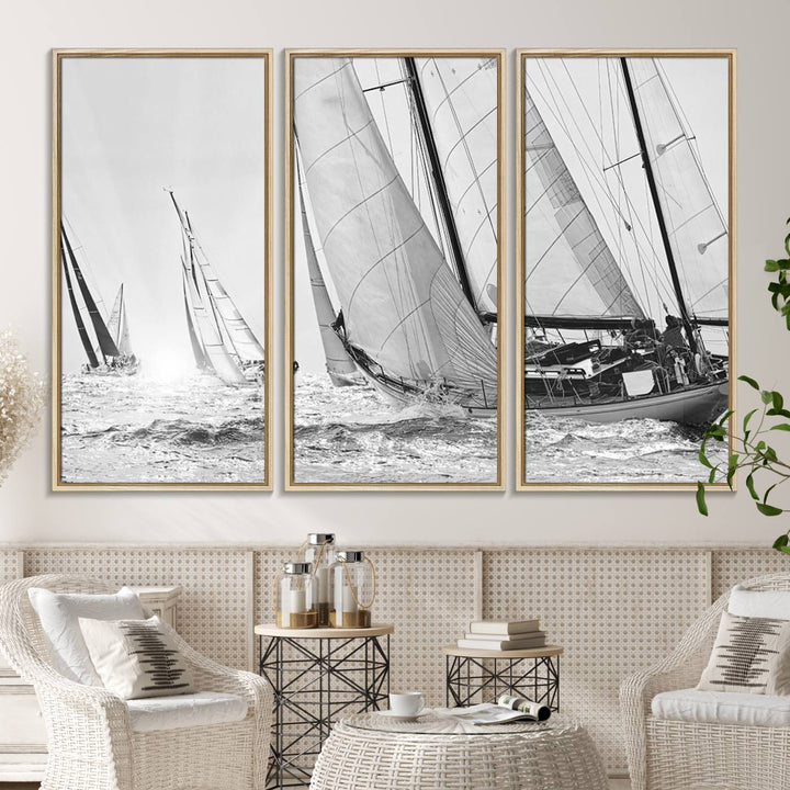 Yacht Sailboat Regatta canvas print on a textured wooden wall.