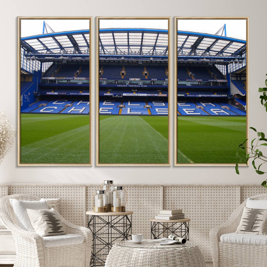 The wall art features a Chelsea FC Stamford Bridge Stadium canvas print.