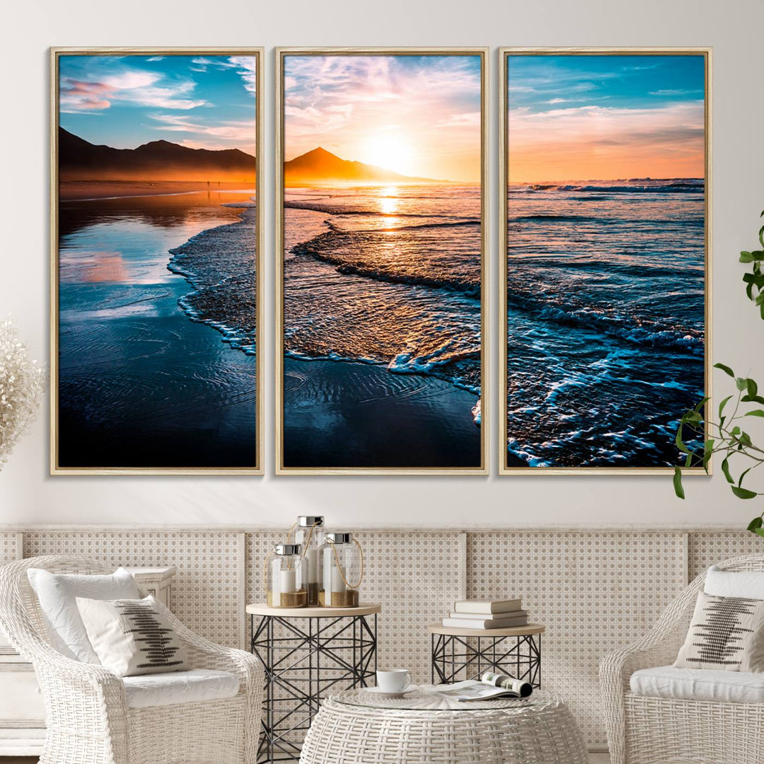 The Sunset Beach Ocean Canvas Wall Art – Tranquil Reflections at Dusk enhances the ambiance with its captivating depiction of serene ocean views at dusk.