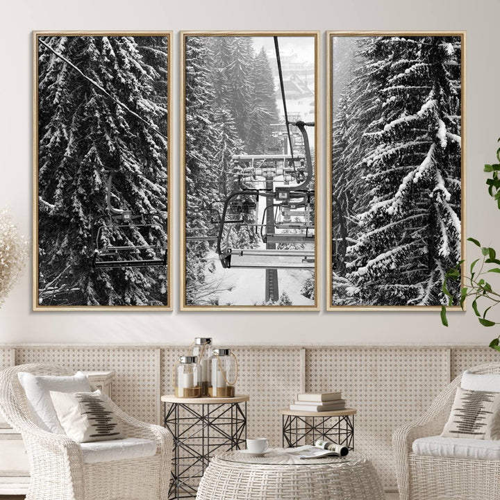 The Winter Ski Lift Canvas in minimalist style adds a unique touch to the dining room.