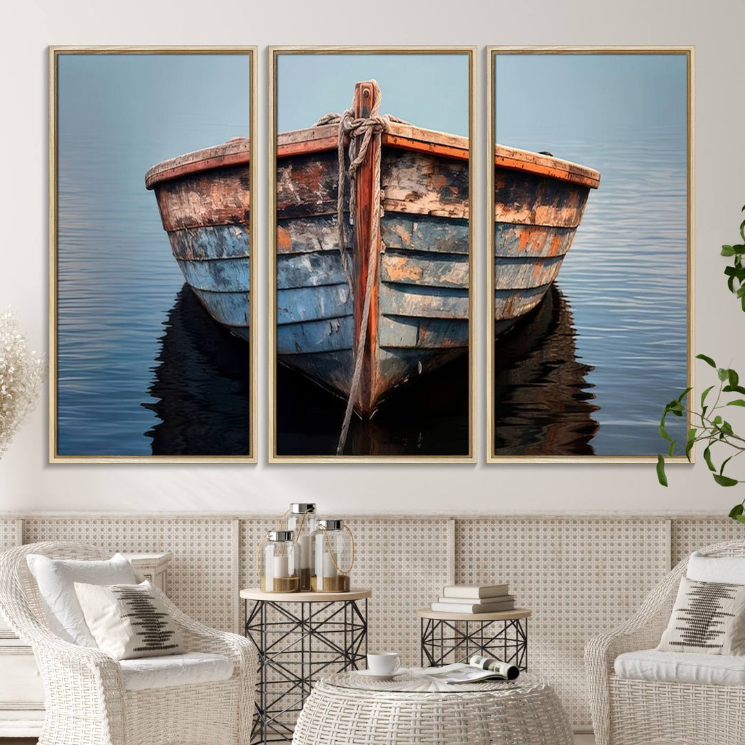 Stunning vintage boat canvas print featuring a calm water scene.