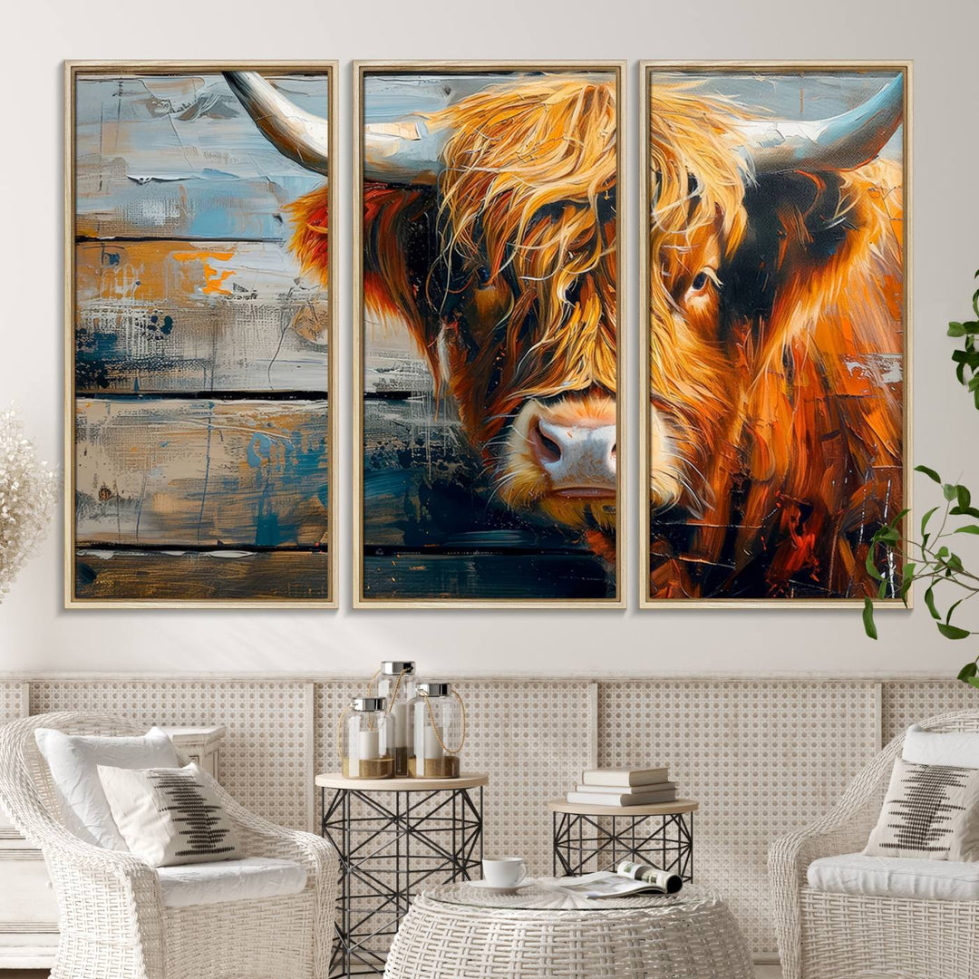 The dining room features Highland Cow Abstract Canvas Wall Art in a farmhouse rustic decor style.